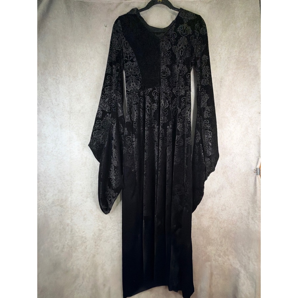 Spirit Halloween Gown Women S/M Black Velvet Damask Bell Sleeve Hooded Gothic